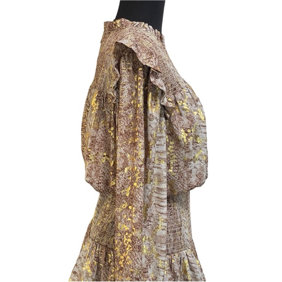 Endless Rose Metallic Animal Print Mini Dress Sz S Gold Ruffles Tier Long Sleeve - Picture 8 of 15
